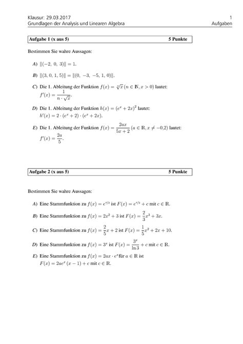 Klausur M Rz Fragen Klausur Grundlagen Der Analysis Und