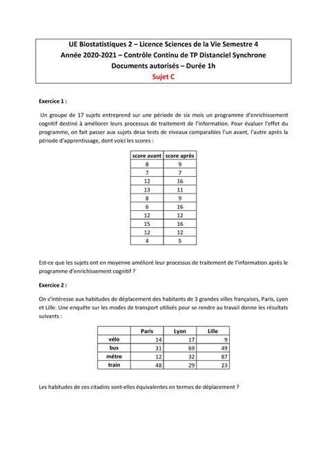 Sujet Cc Tpp Biostat Sujet C Ue Biostatistiques Licence