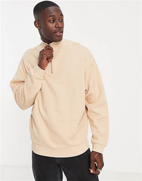 Asos Design Oversized Half Zip Sweatshirt In Beige Asos