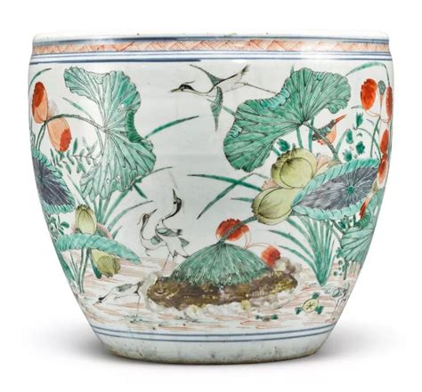 A Large Famille Verte Lotus Fishbowl Qing Dynasty Kangxi Period