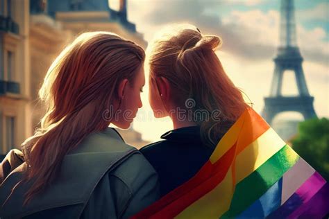 Beautiful Lesbian Young Couple Gently Lovingly Hugging With Rainbow