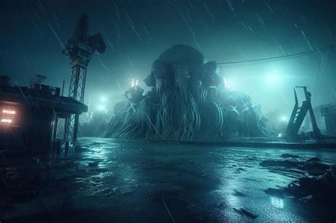 Le Monstre Cthulhu A Attaqué La Ville Et Les Bateaux Sur La Jetée Du