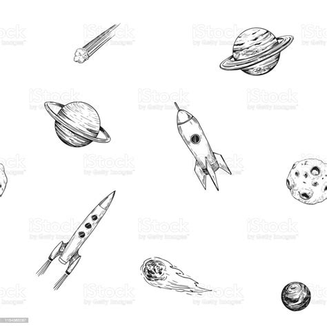 Space Seamless Pattern With Planets Stars Rockets Hand Drawn Sketch