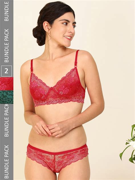 Buy AROUSY Women Pack Of Cotton Lace Lingerie Set B Nikkar Set Red Green Lingerie Set