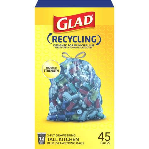 Glad Recycling 13 Gallon Blue Drawstring Tall Kitchen Trash Bag 45