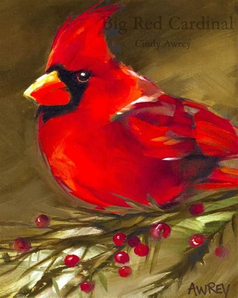 Big Red Cardinal Giclee Left Facing Cardinal Birds Art Abstract Flower Painting Bird