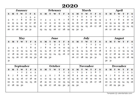 2020 Blank Yearly Calendar Template - Free Printable Templates