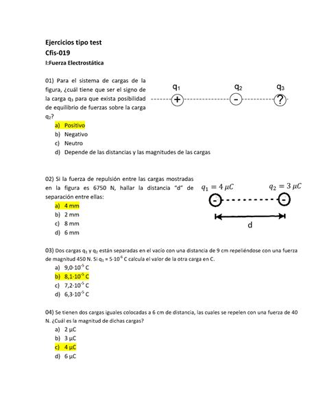 Ejercicios tipo test Fuerza y Campo electrostático Ejercicios tipo