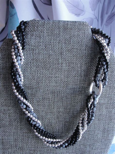 Vtg 1970 Twist A Bead Necklace Clasp 3 Strands Onyx Black Slate Gray Silver Ebay