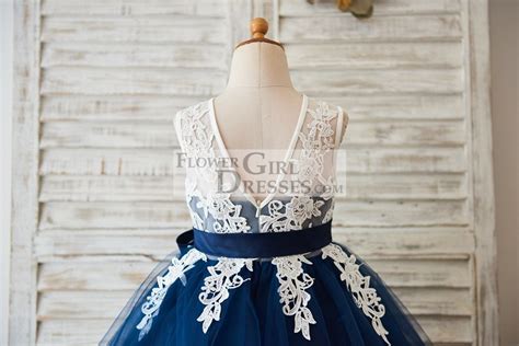 Princess Ivory Lace Navy Blue Tulle V Back Wedding Flower Girl Dress