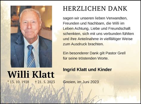 Traueranzeigen Von Willi Klatt Trauer Nordkurier