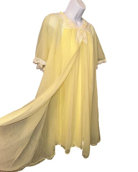 Vintage Peignoir Set Lemon Babydoll Sheer Chiffon Neg Gem