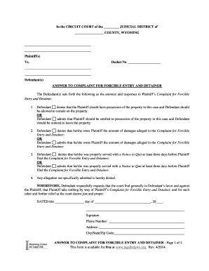 Fillable Online Answer To Complaint For Forcible Entry And Detainer Fax