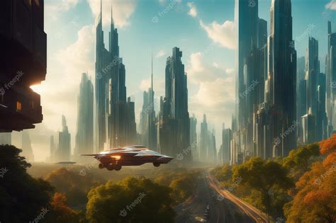 Ciudad Futurista Con Naves Espaciales Volando Foto Premium