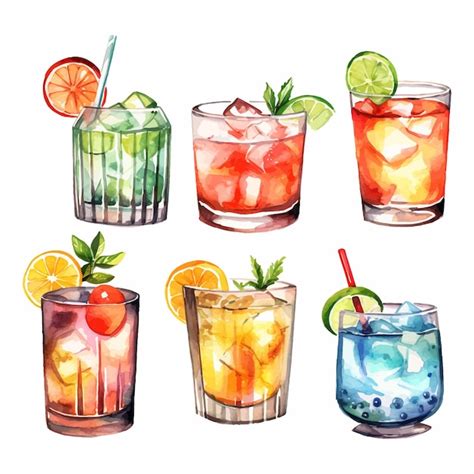 Alcohol Cocktail Collection Watercolor Illustration Drinks Clipart Ai Generated Vector