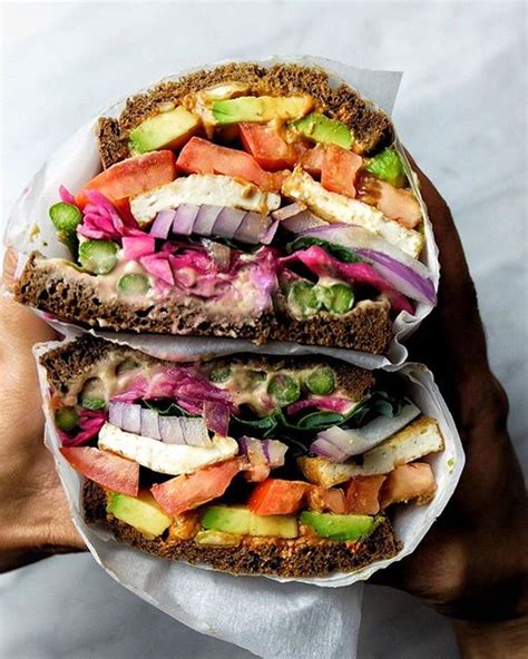 Crispy Tofu And Veggie Sandwich With Hummus And Pickled Cabbage The