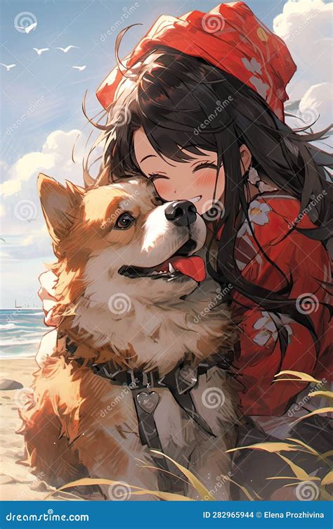 Girl Hugging a Big Dog on the Seashore, Anime Illustration Stock ...