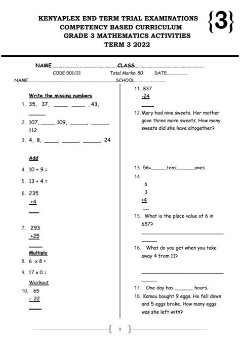 Grade 3 Mathematics Activities End Of Term 3 Examination 2022 1122