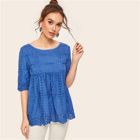 Scallop Hem Eyelet Embroidery Smock Blouse Smock Blouse Scalloped