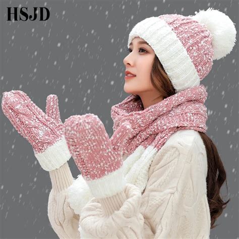 A Set Of Women Winter Hats Cute Gloves Scarf Set 3 Pieces Snowflake ...