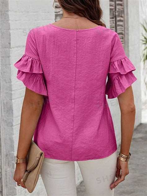 Shein Lune Women Fashion Solid Color Ruffled Sleeve Round Neck Blouse