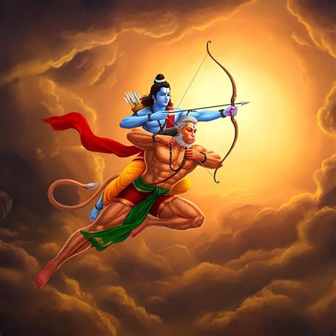 Lord Rama And Lord Hanuman Flying In The Sky Premium AI Generated Image