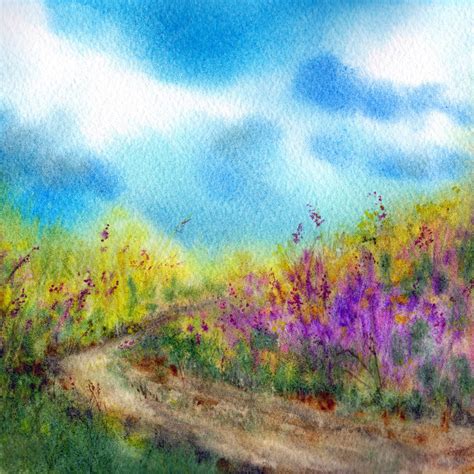 Premium Photo | Watercolor landscape painting with road grass sky flowers interior art with ...