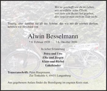 Traueranzeigen Von Alwin Besselmann Om Trauer De