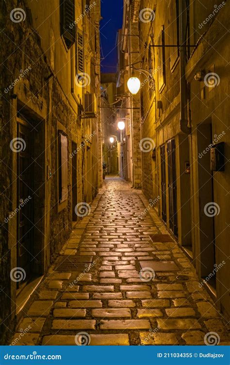 Night View Of An Old Narrow Street In The Old Town Of Sibenik Croatia