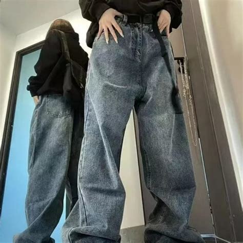 👖Harajuku Baggy Femme Jeans Y2K Dark Blue Brown High... - Depop