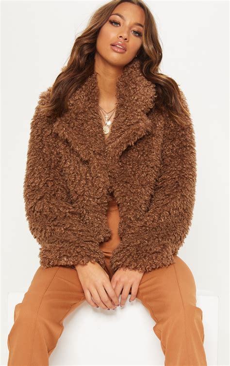 Brown Cropped Teddy Fur Coat Prettylittlething Usa