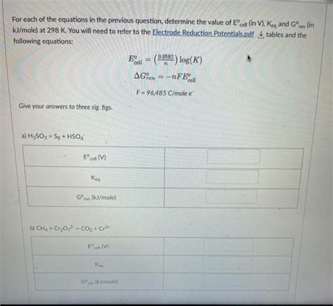 Solved Finde O Cell V Keqg O Rxn Kj Mole For Each Of The Chegg