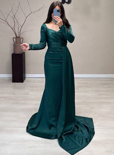 Sheath V Neck Long Sleeves Sweep Train Silk Like Satin Evening Dresses