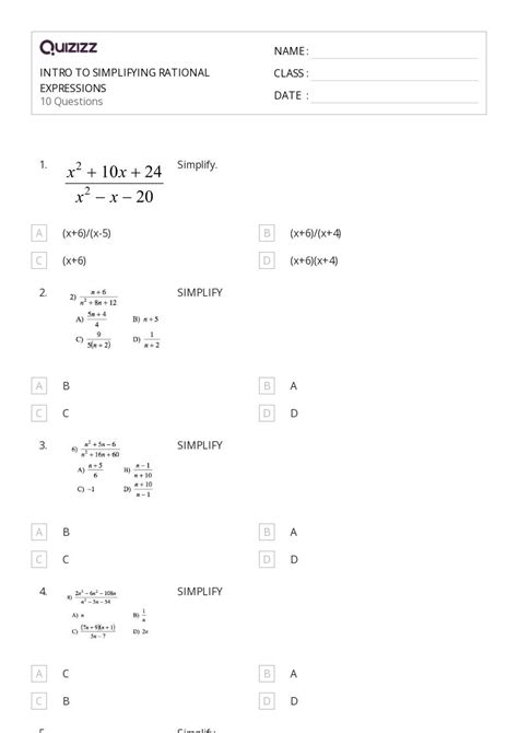 Rational Expressions Worksheets For Th Year On Quizizz Free