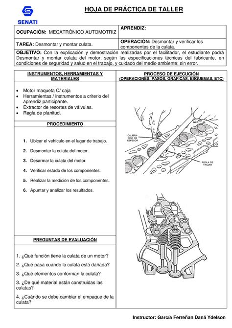 Hoja De Operaci N Culata Hoja De Pr Ctica De Taller Ocupaci N