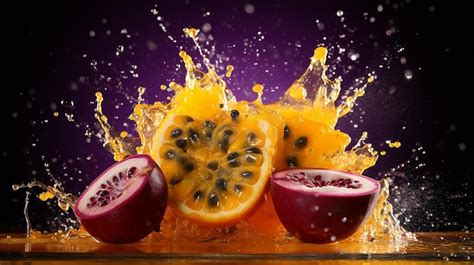 Premium AI Image Passion Fruit Into Water On Black Background