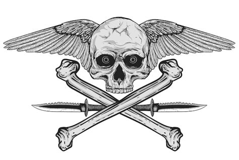 Premium Vector Hand Drawn Realistic Black And White Human Skull With Wings And Army Knife