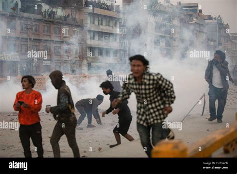 Kathmandu Nepal Th Feb Protesters Hurl Bricks And Stones At