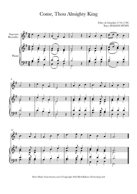 Giardini Come Thou Almighty King Sheet Music For Recorder 8notes