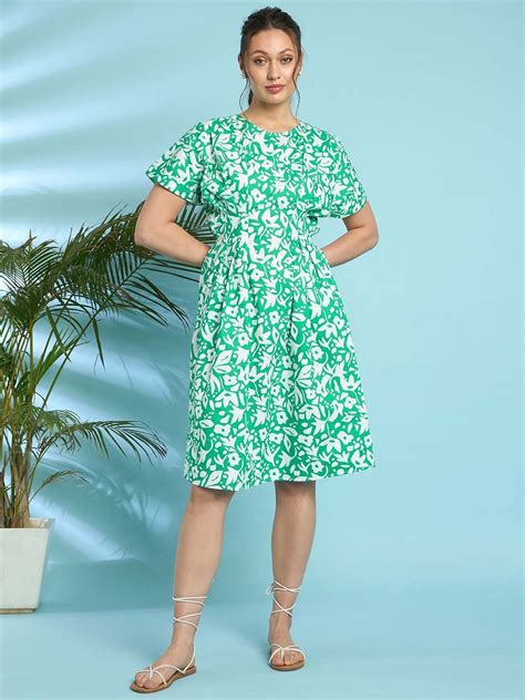 Buy Antheaa Floral Print Round Neck Flared Sleeve Fit And Flare Dress