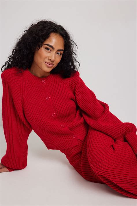 Rib Knitted Shoulder Pad Cardigan Red Na Kd