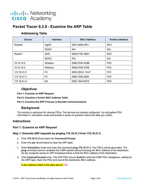 929 Packet Tracer Examine The Arp Table Addressing Table Device