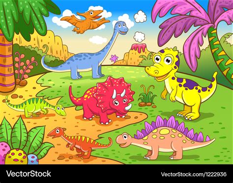 Cute Dinosaurs In Prehistoric Scene Royalty Free Vector