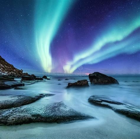 Aurora Borealis Nas Ilhas De Lofoten Noruega Aurora Boreal Verde Acima