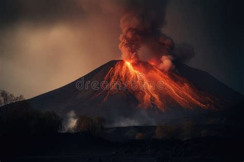 Active Volcano Erupting With Smoke And Lava At Night Created Using