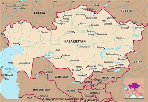 Labeled Map of Kazakhstan with States, Cities & Capital