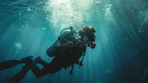 Scuba Diver Exploring The Serene Underwater World Surrounded By Beams