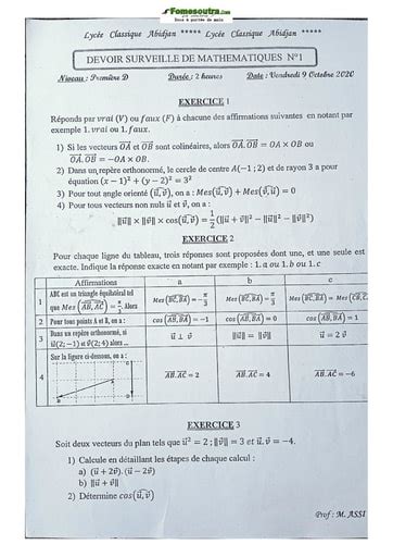 Sujet de Mathématique Première D 2020 2021