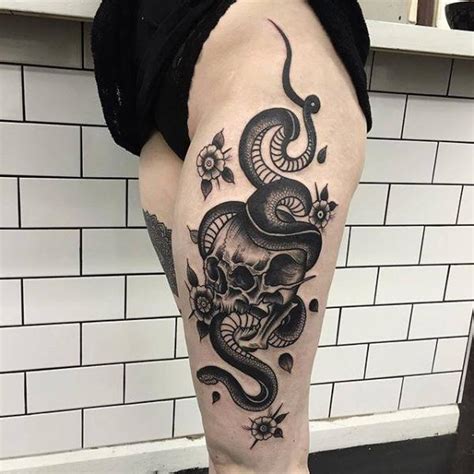 Snake Skull Thigh Tattoo by Parliament Tattoo