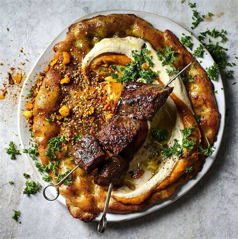 Salted Rump Steak Skewers With Roast Pumpkin Harissa And Flat Breads